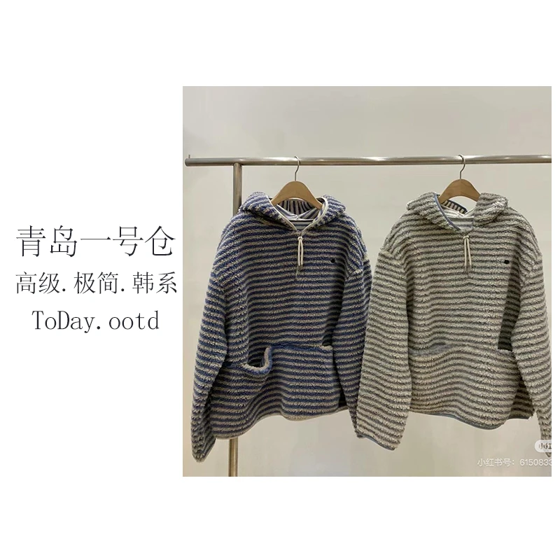 2025秋冬季新款韩系休闲百搭保暖羔羔毛半拉链宽松连帽卫衣-2973