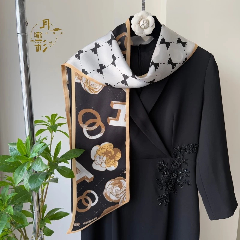 黑色茶花蝴蝶结 100%桑蚕丝素绉缎12姆米双层真丝飘带 约150x16cm