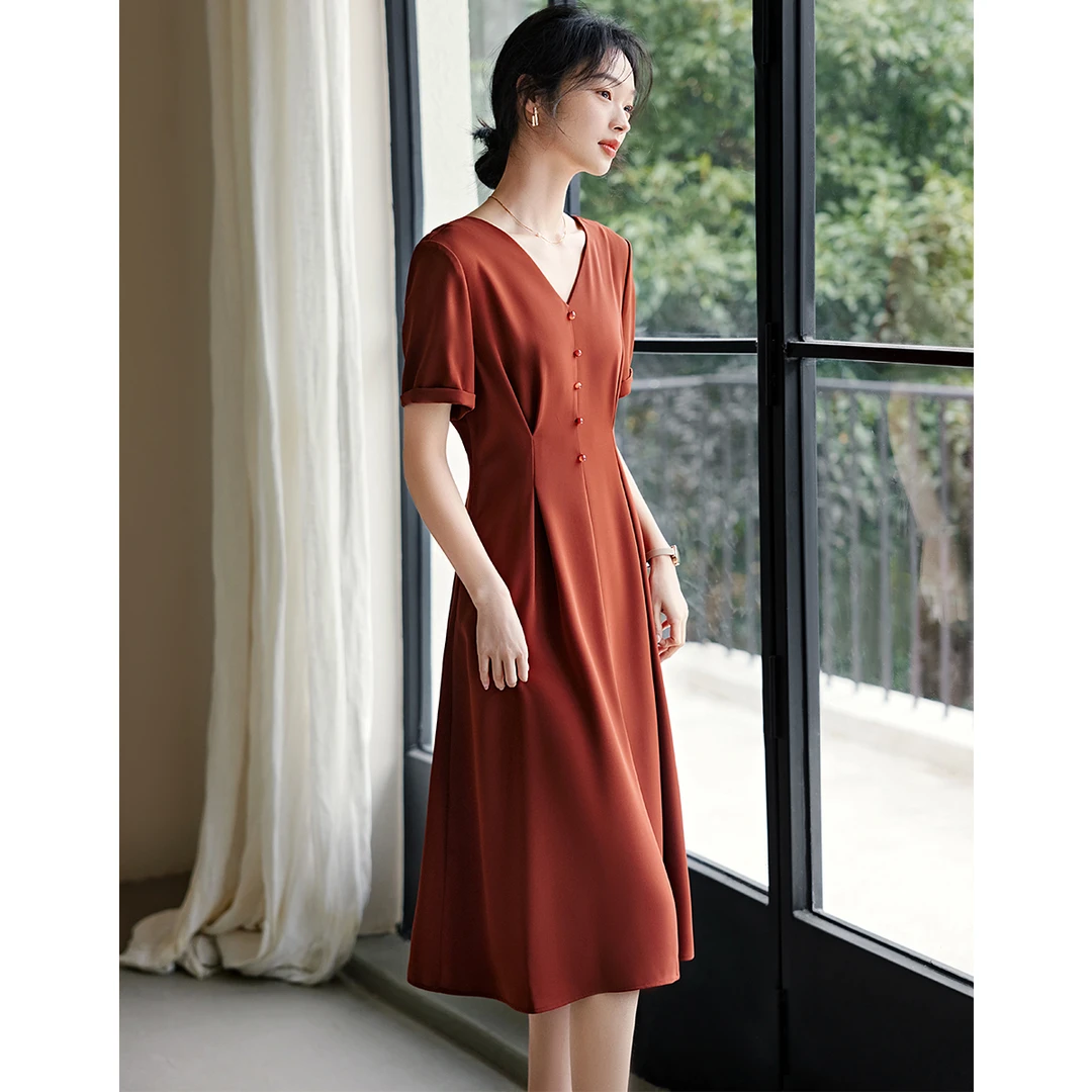 XWI/欣未25秋夏新款正反两穿法式气质连衣裙超抗皱高弹茶歇裙8008