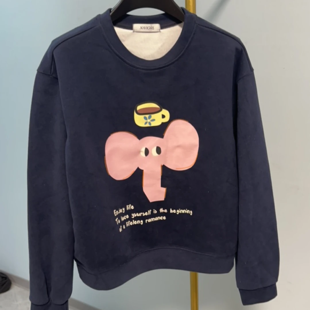 大象字母印花少女圆领卫衣外套女春秋季新款小众宽松长袖百搭上衣