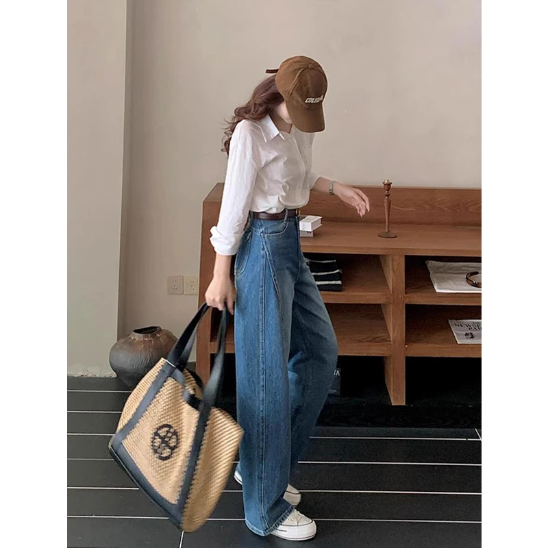 复古蓝直筒牛仔裤女秋季新款高腰胖mm大码显瘦梨形身材宽松阔腿裤