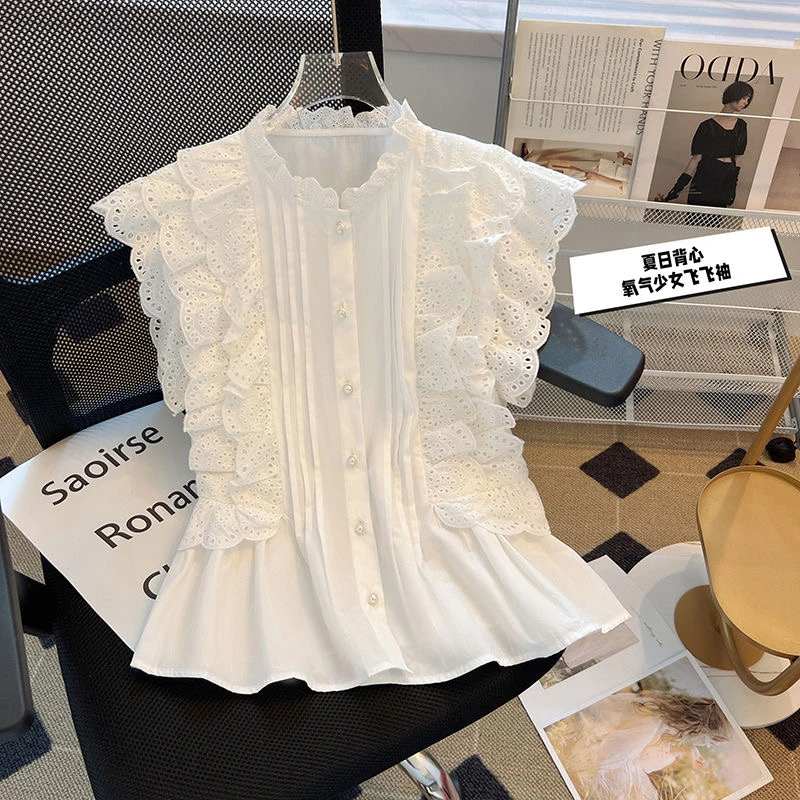 韩系甜美小飞袖衬衫女夏季设计感蕾丝拼接褶皱中国风盘扣立领上衣