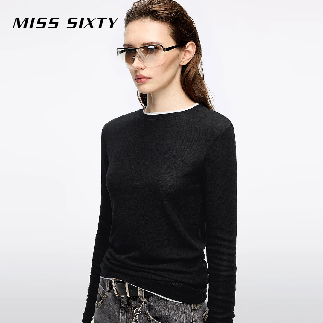 Miss Sixty2025秋新款长袖T恤女圆领撞色两件套羊毛修身打底上衣