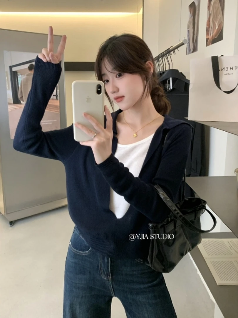 简约高级感假两件翻领设计感针织衫女新款秋修身显瘦百搭气质上衣