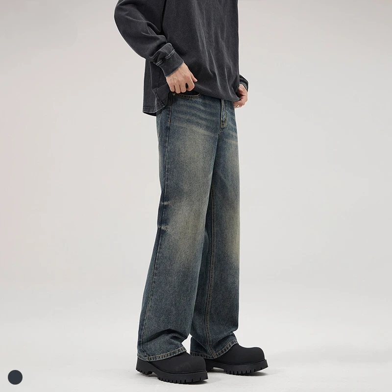 美式高街复古牛仔裤男秋季潮牌宽松cleanfit直筒垂感阔腿休闲裤子
