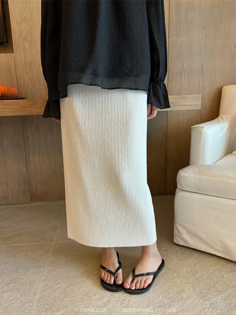 美美推荐88103谷斯条绒后开叉半身裙高腰显瘦长裙