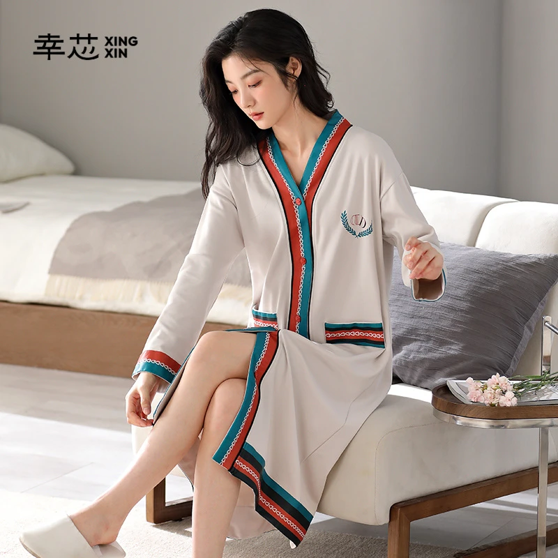 幸芯睡衣睡裙女春秋季纯棉长袖开衫家居服网红爆款高级感连衣裙子