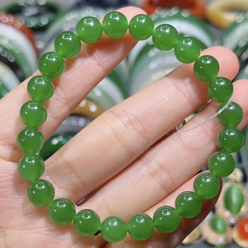 和田玉俄料碧玉果阳绿手串8mm