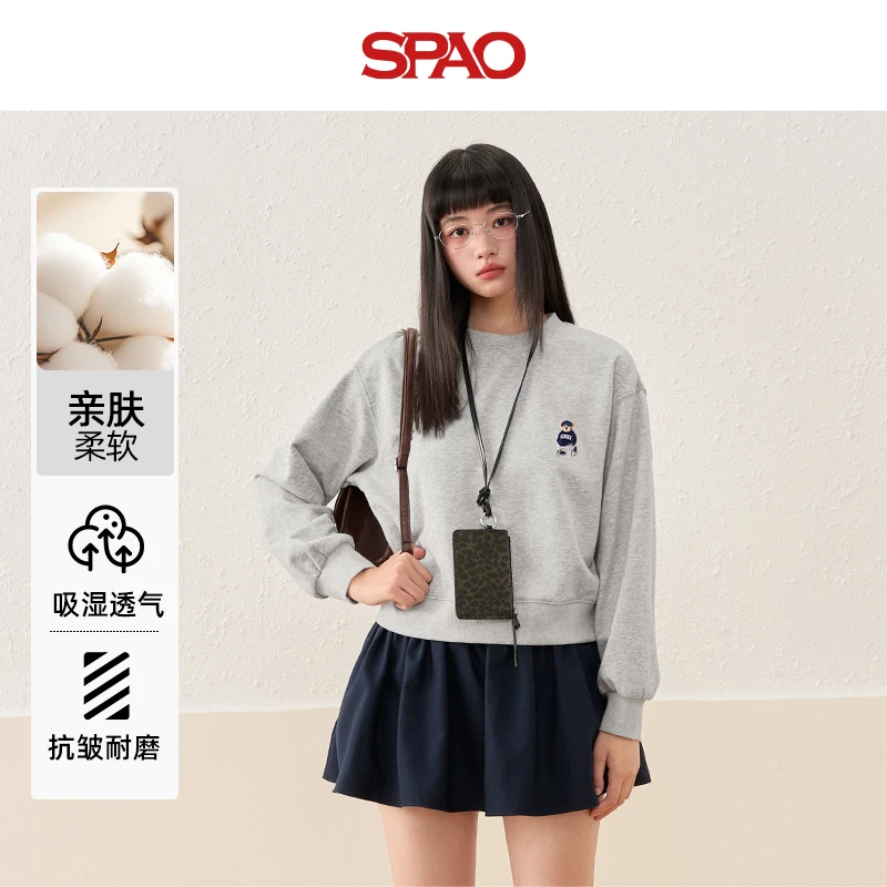 SPAO韩国同款小熊刺绣女2025秋季新款简约小众修身圆领无帽卫衣YC