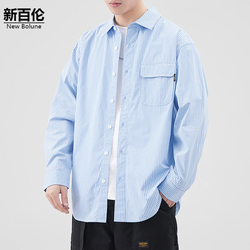 新百伦/NEW BOLUNE秋季外套男日系复古户外风山系条纹设计衬衫