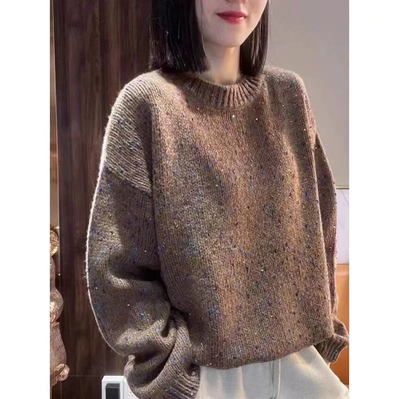 胸126-200长67温柔穿搭长袖花纱毛衣针织上衣 7639