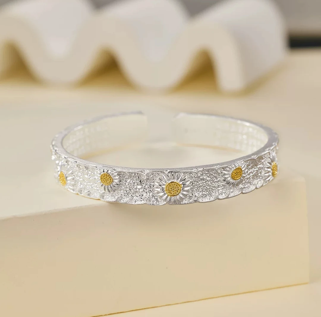 足银手镯 足银999.9向日葵小雏菊轻奢新中式宫廷风开口实心银手镯