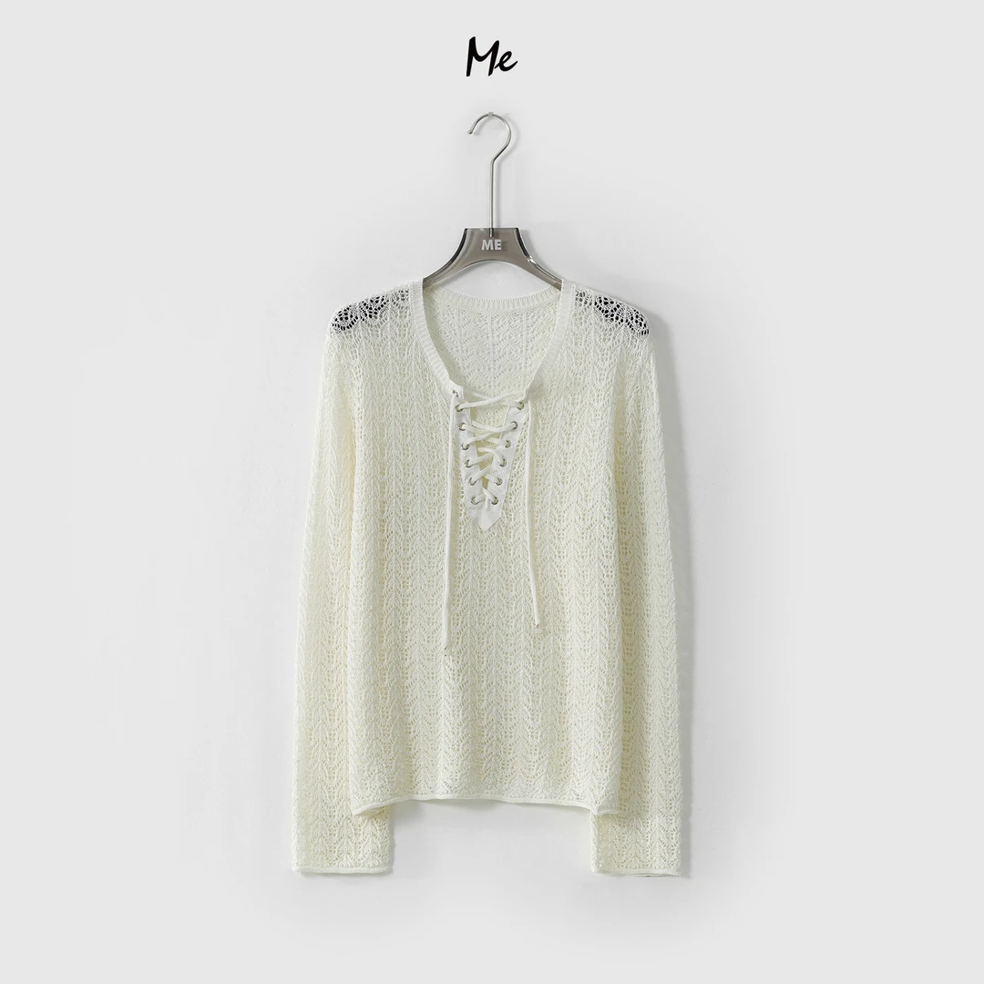 ME【镂空绑带罩衫】亚麻莱赛尔混纺沙滩度假感显瘦针织衫MESS1269