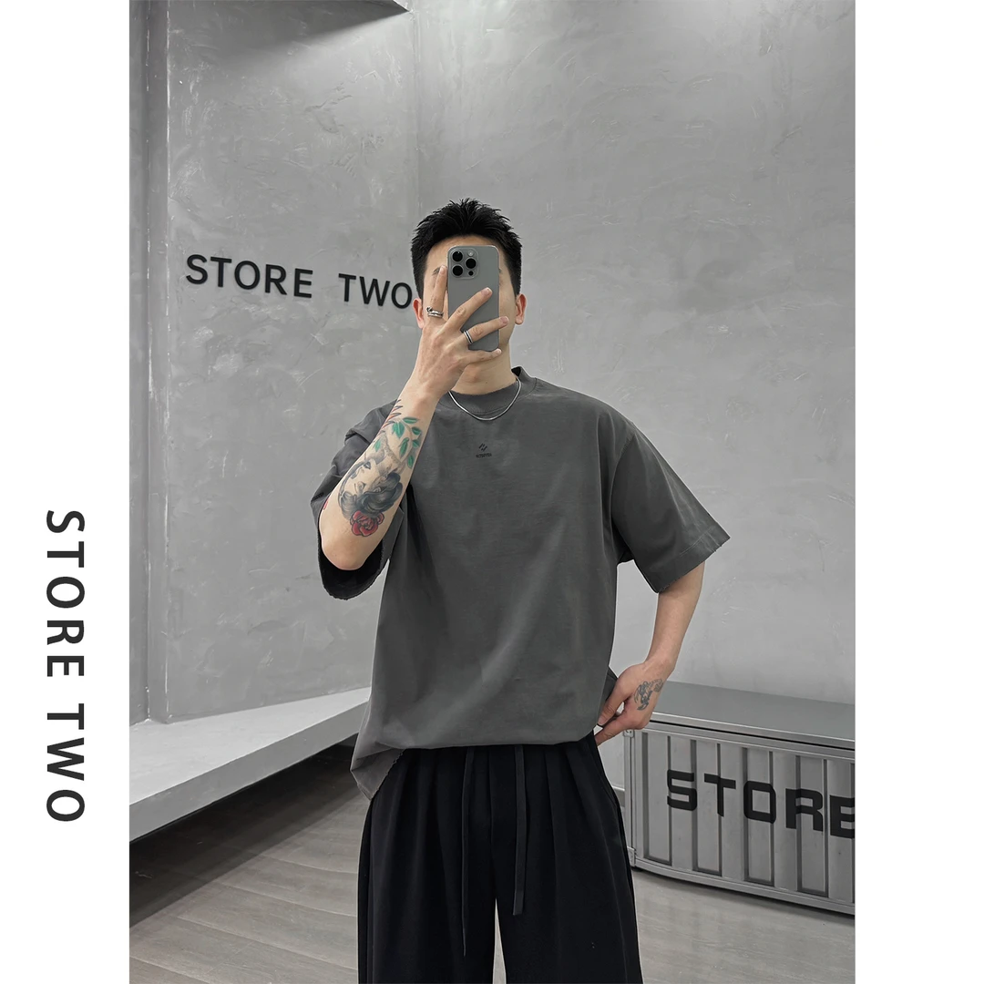 【二掌柜】25ss夏季美式重磅纯棉水洗T纯色简约百搭宽松圆领短袖T恤