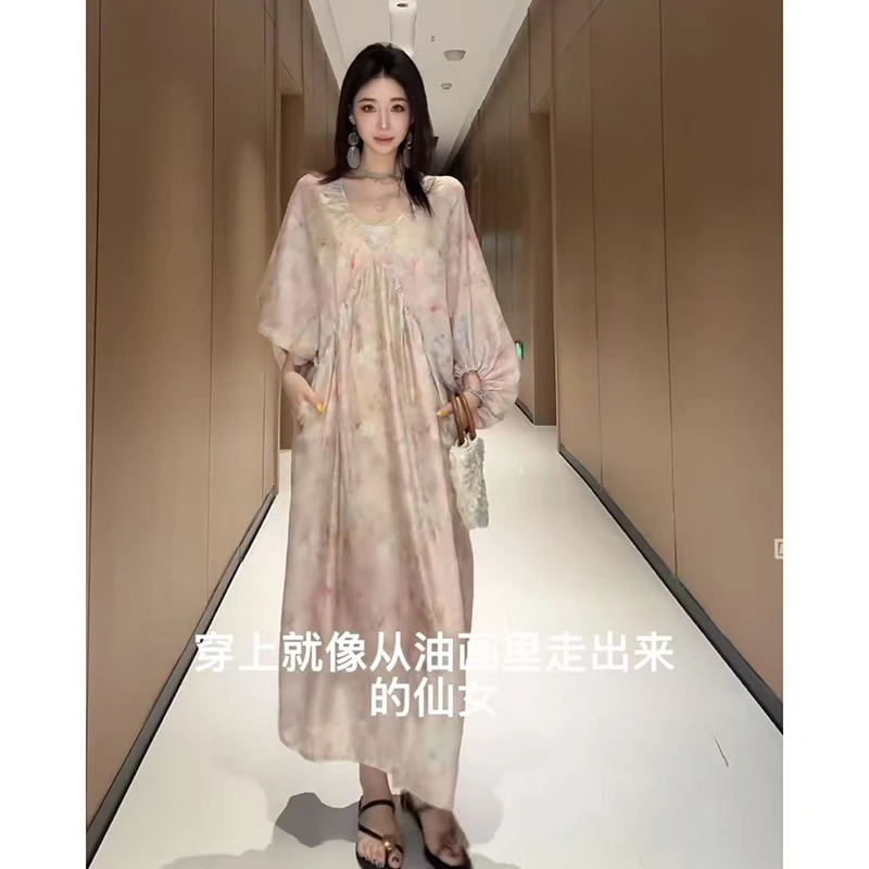 2025黄色碎花宽松时尚气质慵懒新中式连衣裙夏
