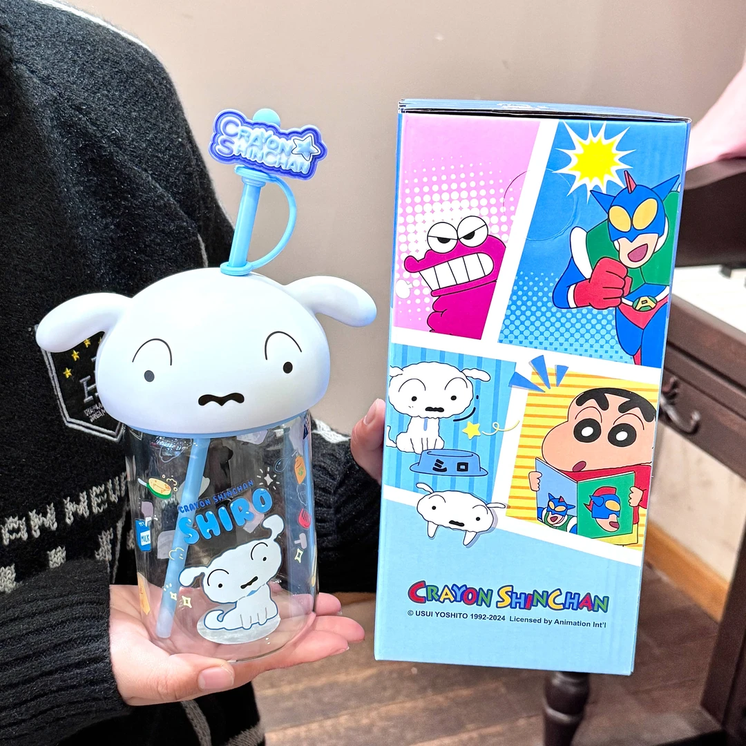 蜡笔小新玻璃杯高硼硅可爱高颜值女生吸管杯子耐高温学生上学水杯