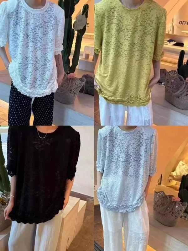 KK镂空蕾丝提花木耳边上衣【63】