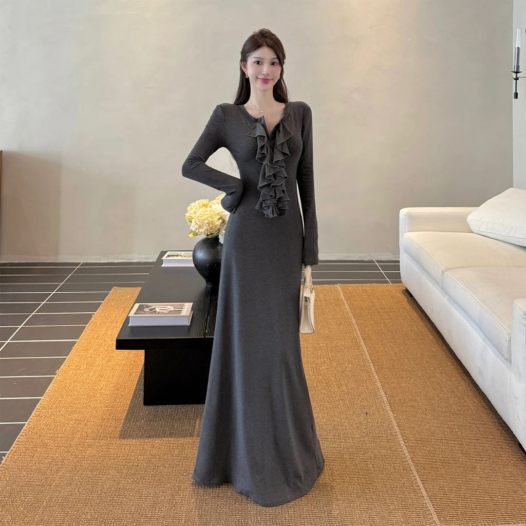 instahot 法式v领灰色针织长裙2025秋冬内搭连衣裙设计感长裙