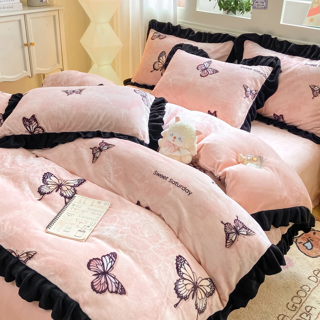 水星家纺适用轻奢冬季加厚双面牛奶绒防静电四件套法兰绒花边被套