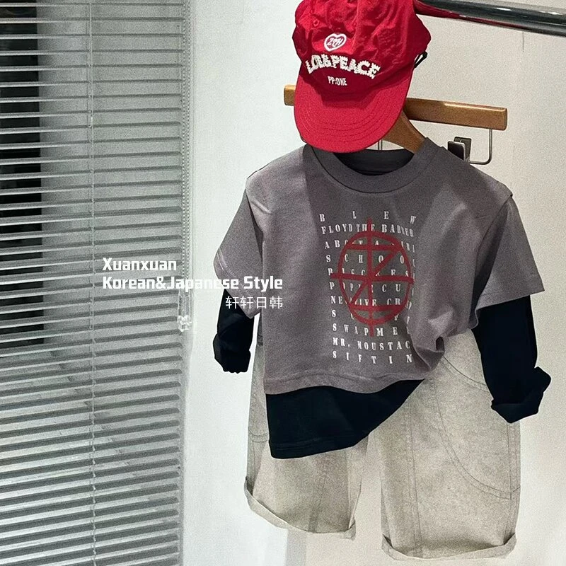 童装2026年春款男童套装韩系印花假两件打底韩版宽松休闲工装裤