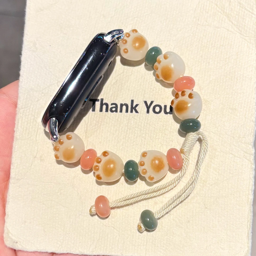 适用小米手环10可爱猫爪菩提串珠表带小米手环9/8pro红米watch5新