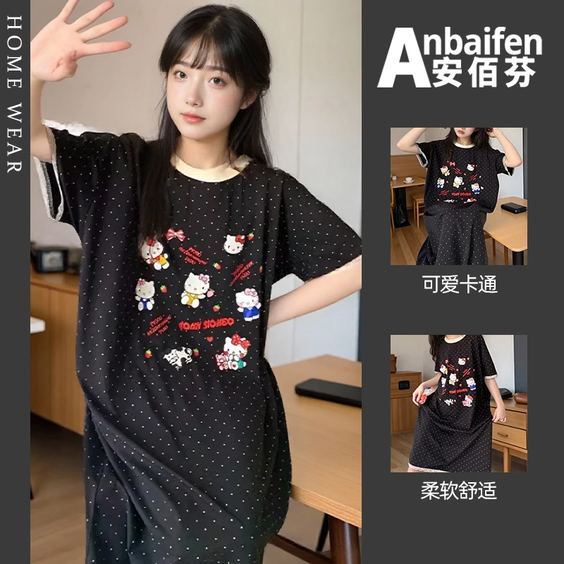 蕾丝边卡通凯蒂猫波点短袖睡裙女夏季可外穿中长款宽松加大码睡衣