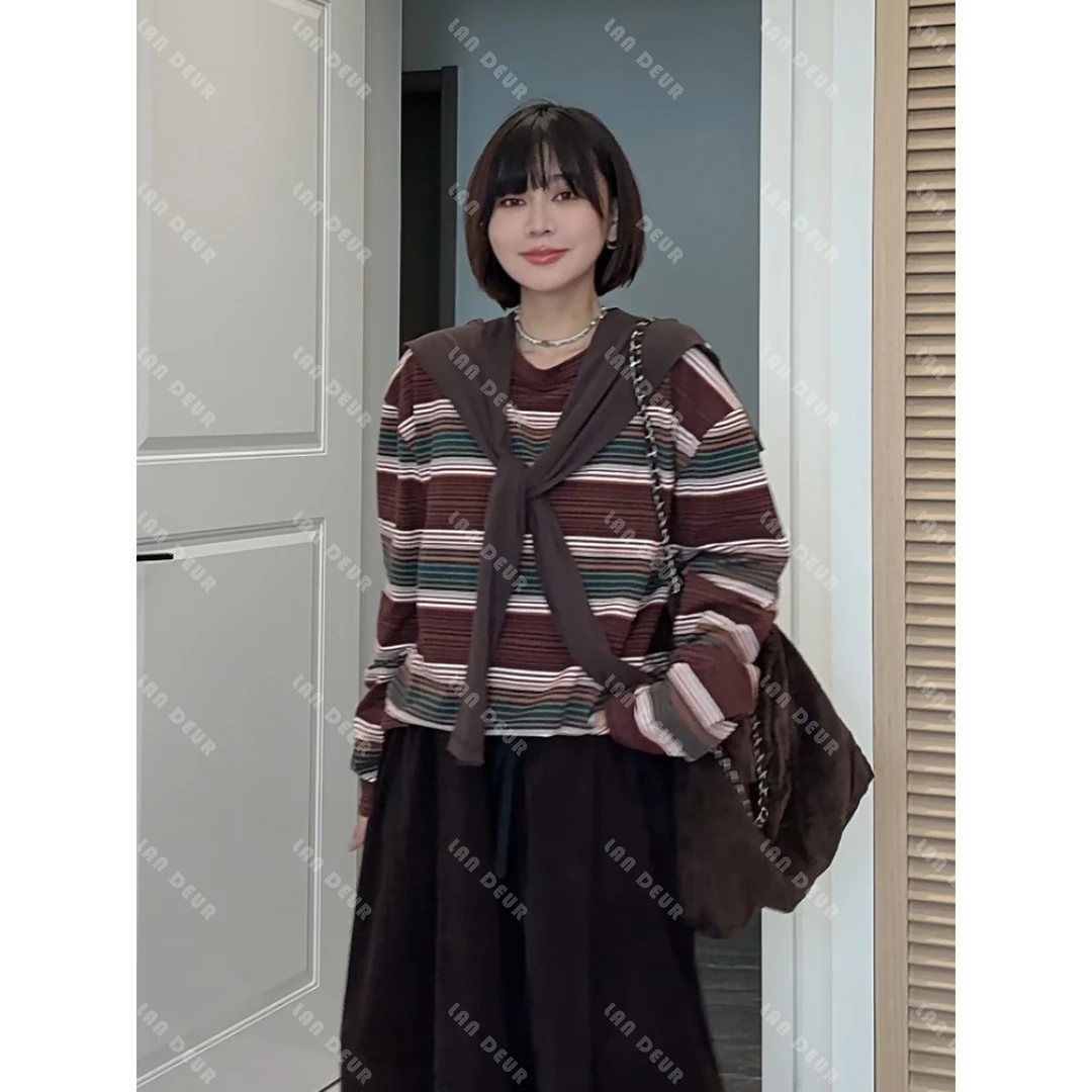 JIUJIU【南岸来风】条纹长袖圆领宽松披肩两件套时尚休闲复古秋女