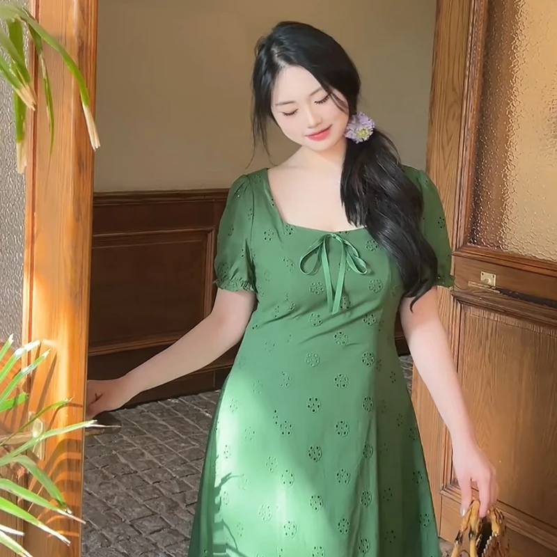 【自制款】显白纯棉绿色正肩显瘦A字长裙大码胖mm镂空绣花法式