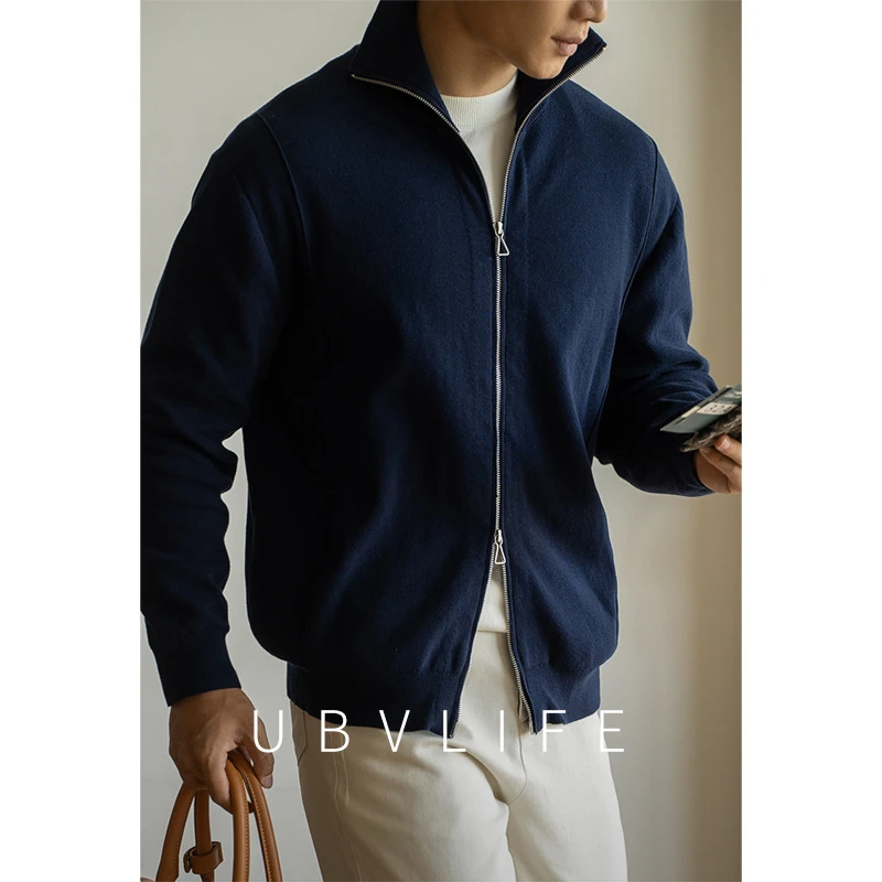 日系优质纯棉立领双拉链针织开衫男士2025秋季透气舒适休闲外套