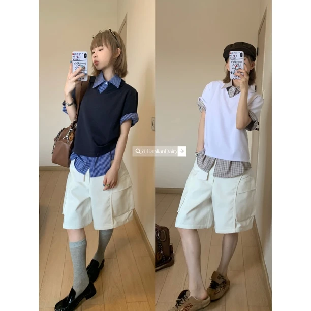 LianlianDairy  （no退no换）时髦高知格子衬衫polo衫叠床两穿上衣