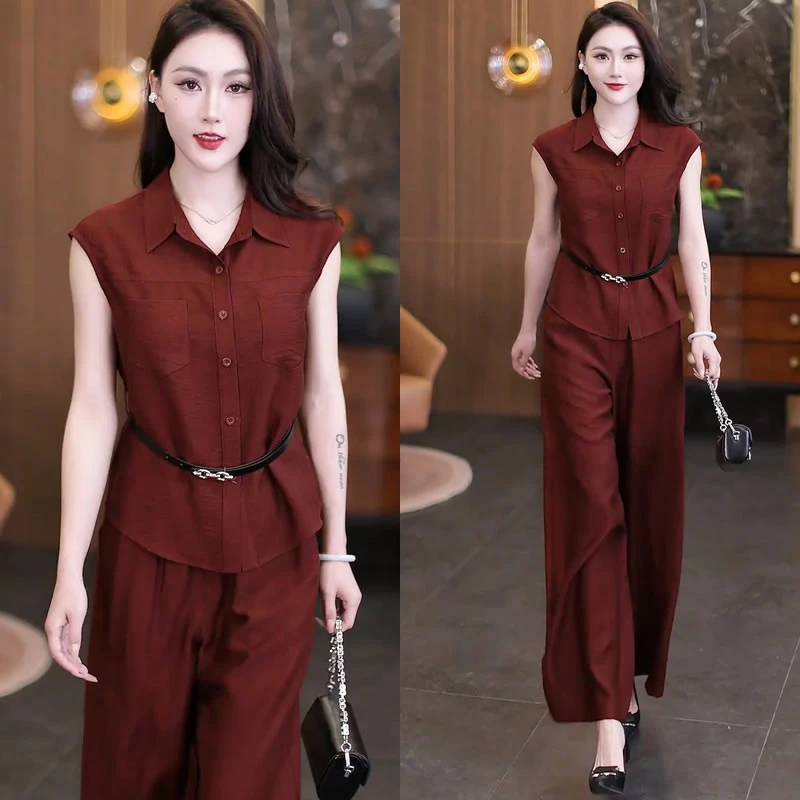 (有运费险）时尚洋气通勤套装女夏季新款收腰显瘦衬衫阔腿裤两件套