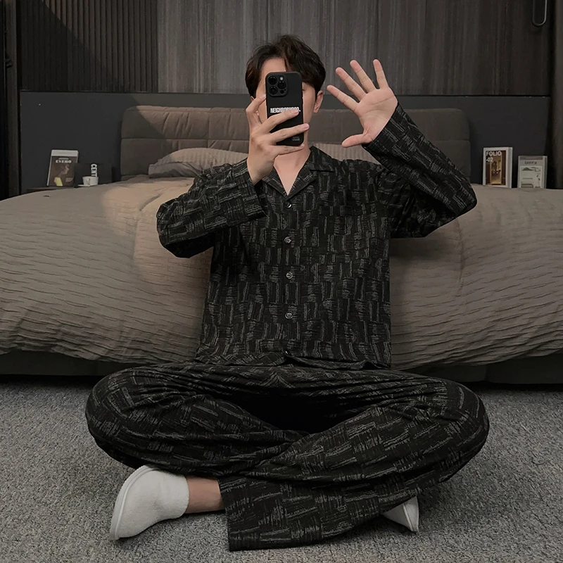 锁温棉男士睡衣春秋季长袖长裤高级感秋冬款大码家居服套装可外穿