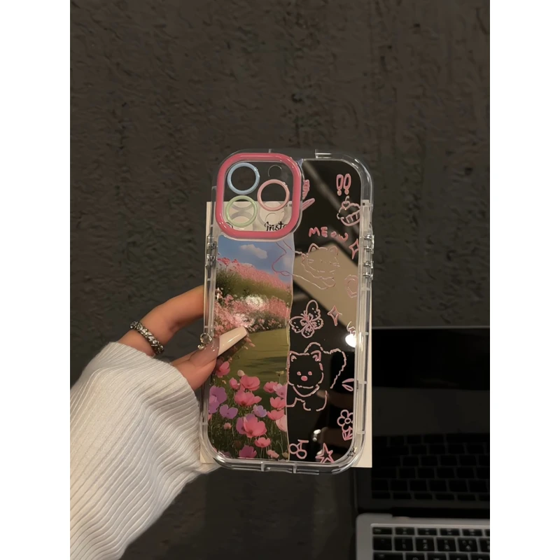 适用苹果16镜面奶油iPhone15手机壳华为小众粉色花海狗狗拼接涂鸦