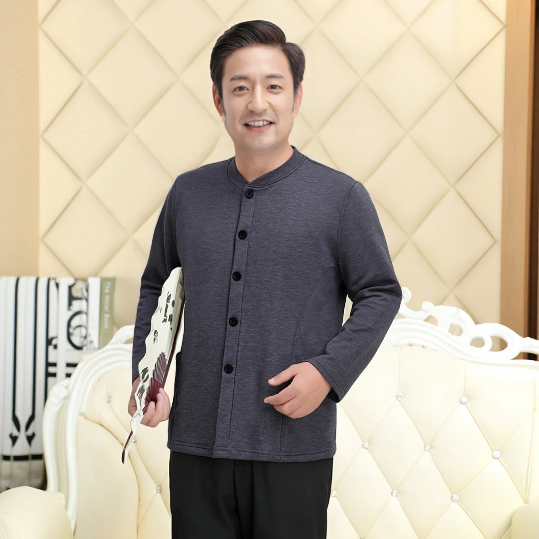 爸爸外套中老年开衫加绒加厚长袖春秋亲肤立领男士宽松暖暖衣