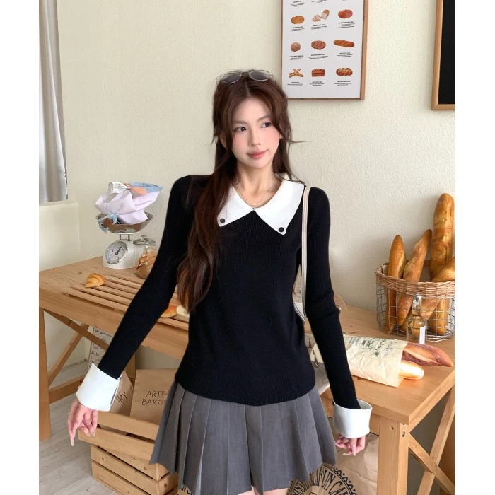 复古polo领拼接撞色长袖针织衫2025秋冬新款内搭打底衫修身上衣女