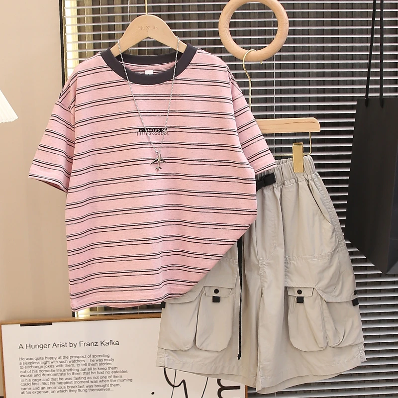 童装男童夏装套装2025新款儿童夏季条纹短袖两件套宽松帅气百搭潮