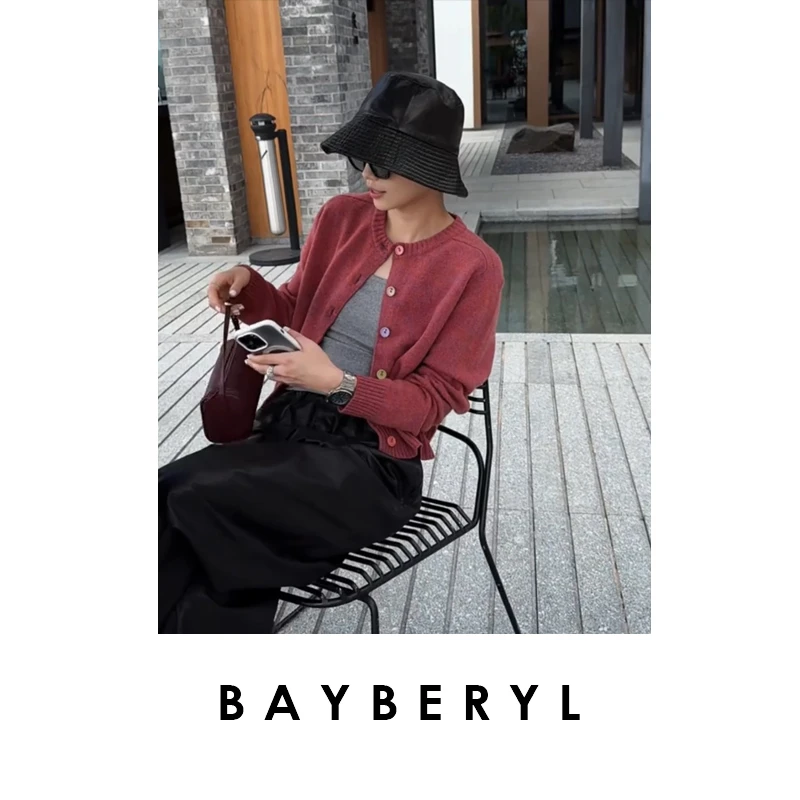 BAYBERYL老贝彩扣百露华圆领花纱排扣25秋针织开衫ZZS5E0708