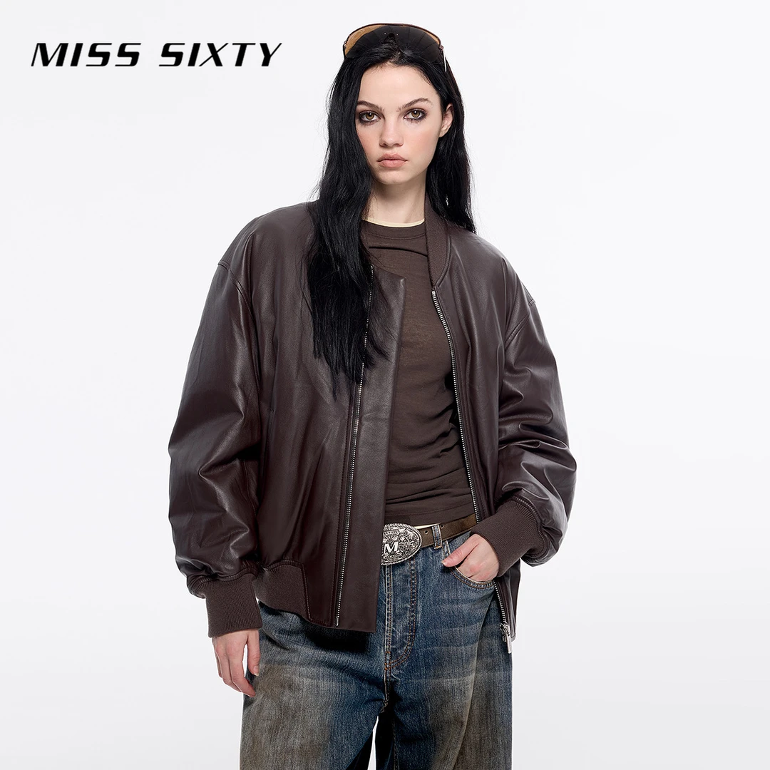 Miss Sixty冬季新款真皮羽绒外套女棒球领cleanfit飞行员夹克