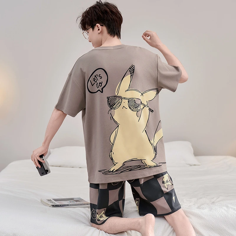 男士睡衣短袖纯棉薄款夏季卡通青少年男款加大码可外穿家居服套装