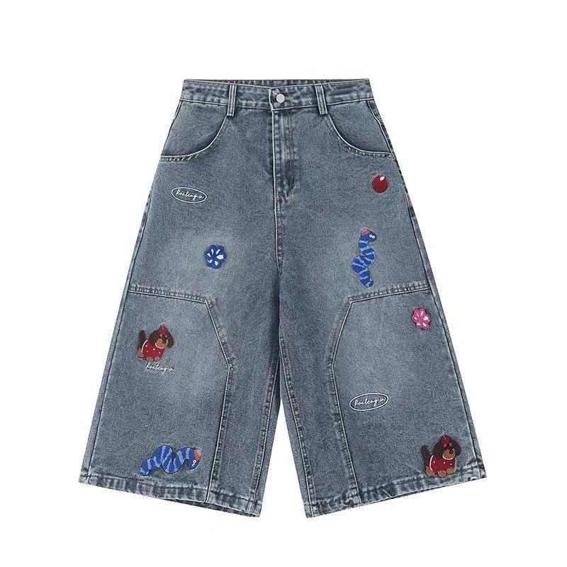 趣味刺绣牛仔七分裤女夏季做旧水洗宽松直筒裤休闲百搭裤ZC-A833#