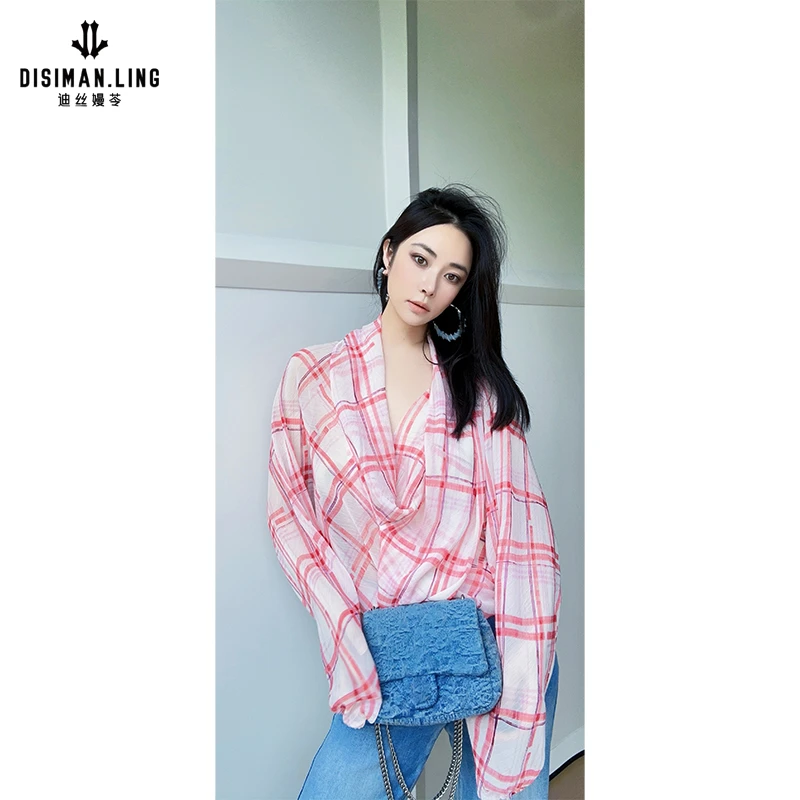 迪丝嫚苓红格子长袖上衣时尚休闲百搭女士薄款格纹原创设计小众感