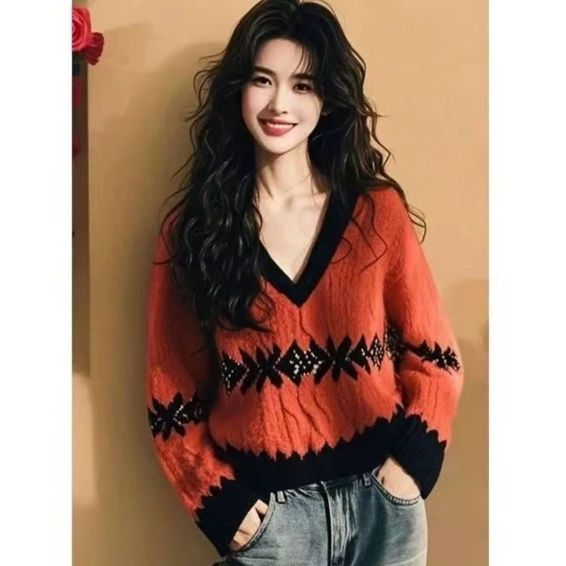 法式v领拼色长袖针织衫女春秋宽松慵懒风设计感小众软糯毛衣上衣