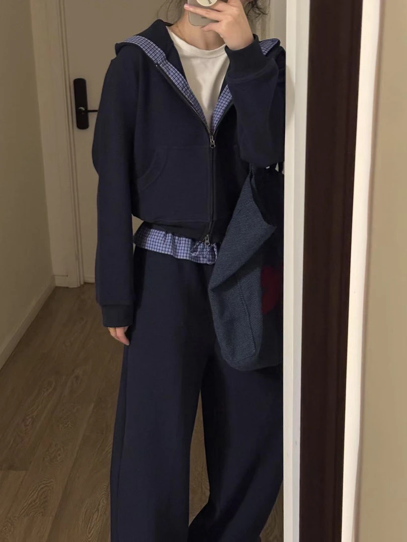 2025春季新款肌理感连帽卫衣女撞色格子开衫外套看蓝色休闲裤套装