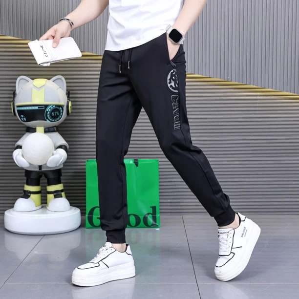 夏季新款高端男士弹力修身休闲百搭个性时尚黑色刺绣运动束脚裤