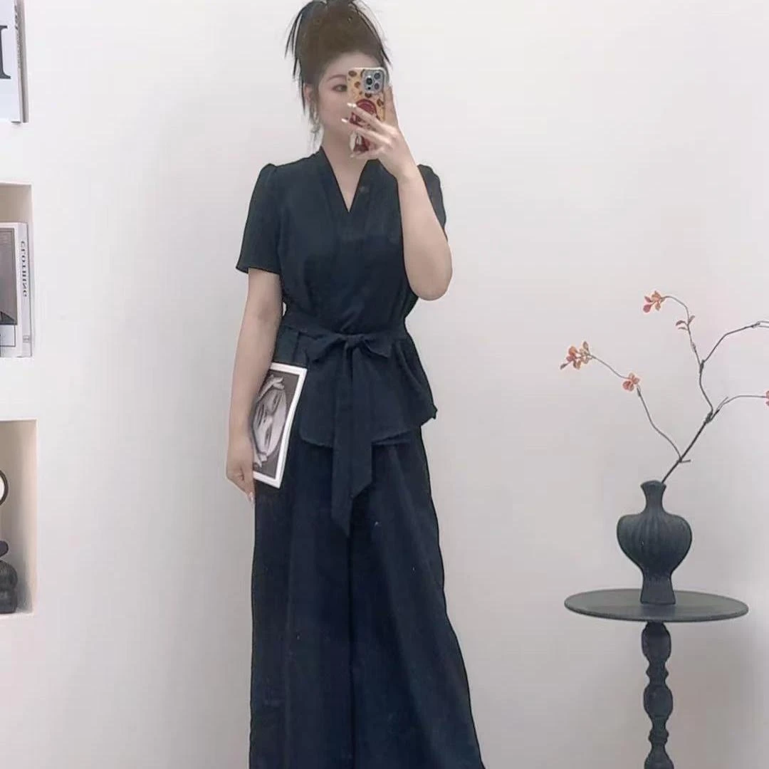 上衣+裤子套装2025夏季新款高级气质感洋气加飘带休闲时尚两件套