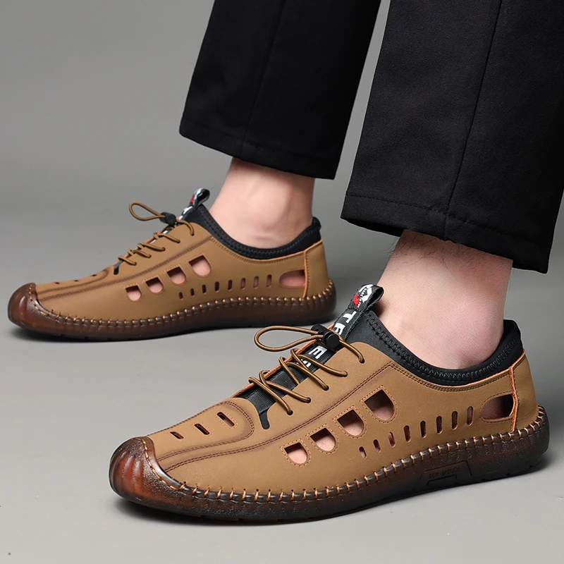 软底软面【甄选品质】男士夏季新款百搭休闲男鞋手工上线镂空单鞋
