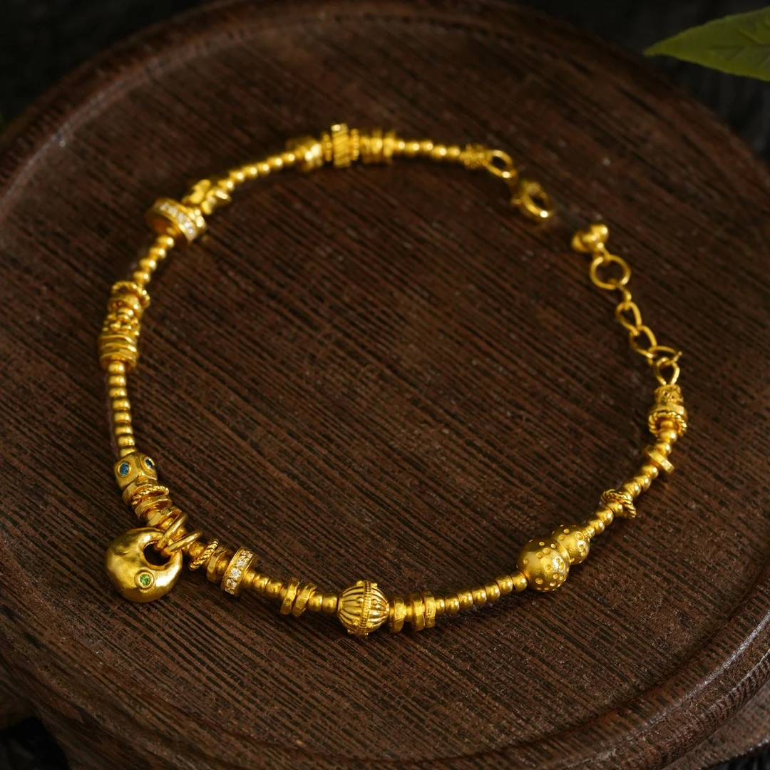 足金999古法锤纹葫芦素金小金陀秤砣轻奢可调节手链 PC0425