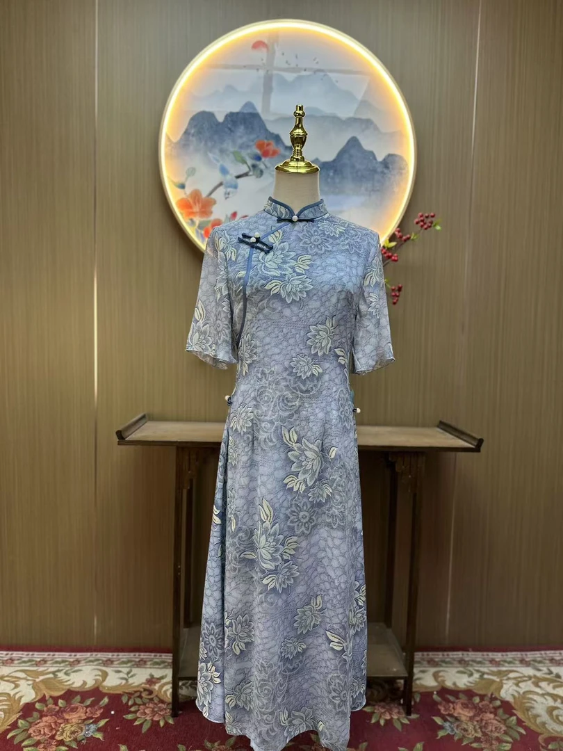 冰夏 国风日常气质优雅显瘦长款奥黛改良旗袍