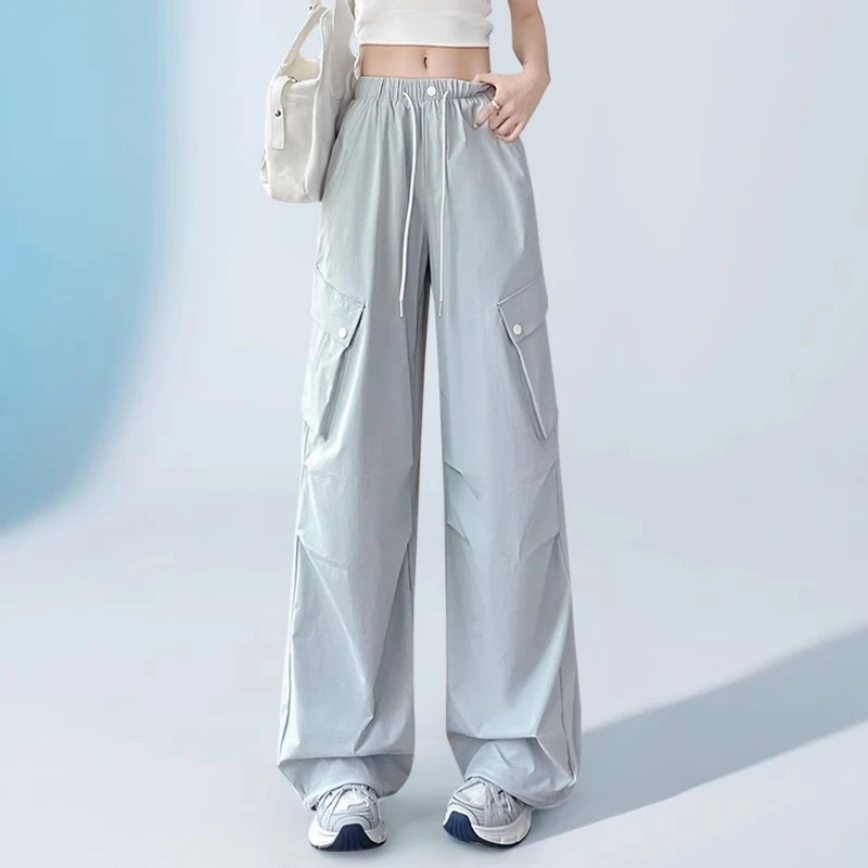 蓝灰色冰丝阔腿工装裤女高个子运动速干加长裤子2025夏季薄款