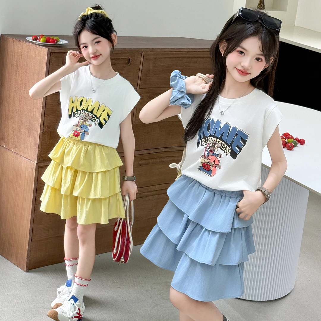 女童套装夏季2025新款儿童夏装卡通短袖洋气小女孩蛋糕裙两件套潮